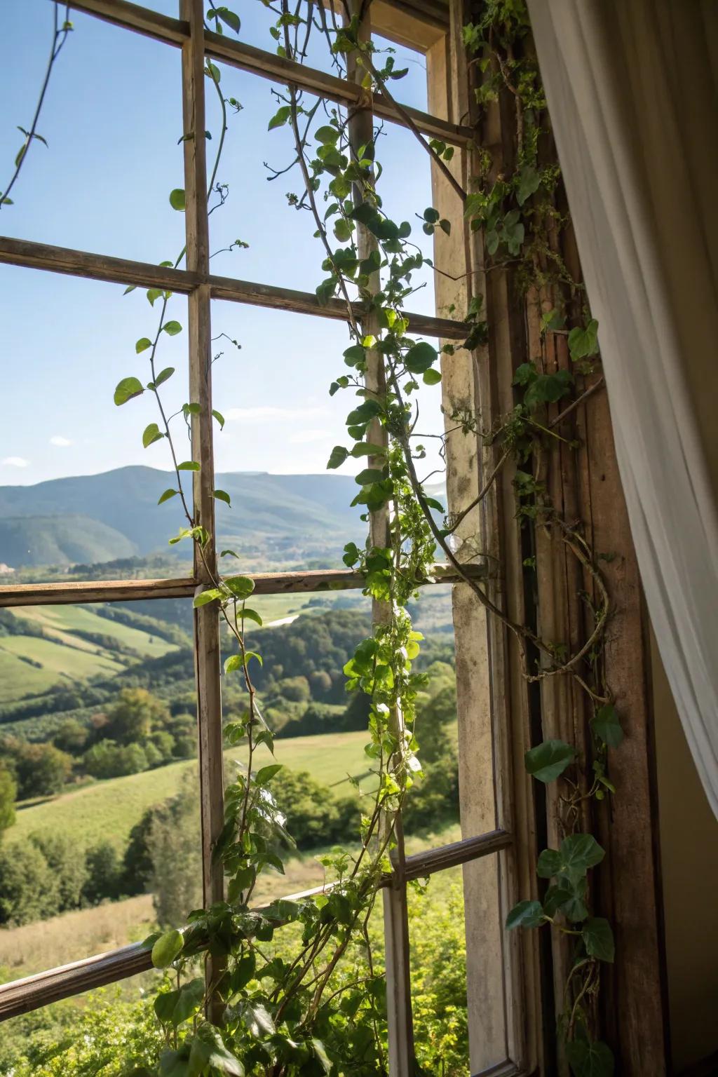 A scenic view framed by a Hoya plant on a window frame trellis.