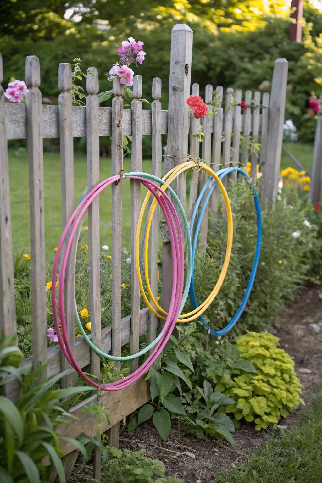 Hula hoops creatively displayed on a garden fence, enhancing the outdoor aesthetic.