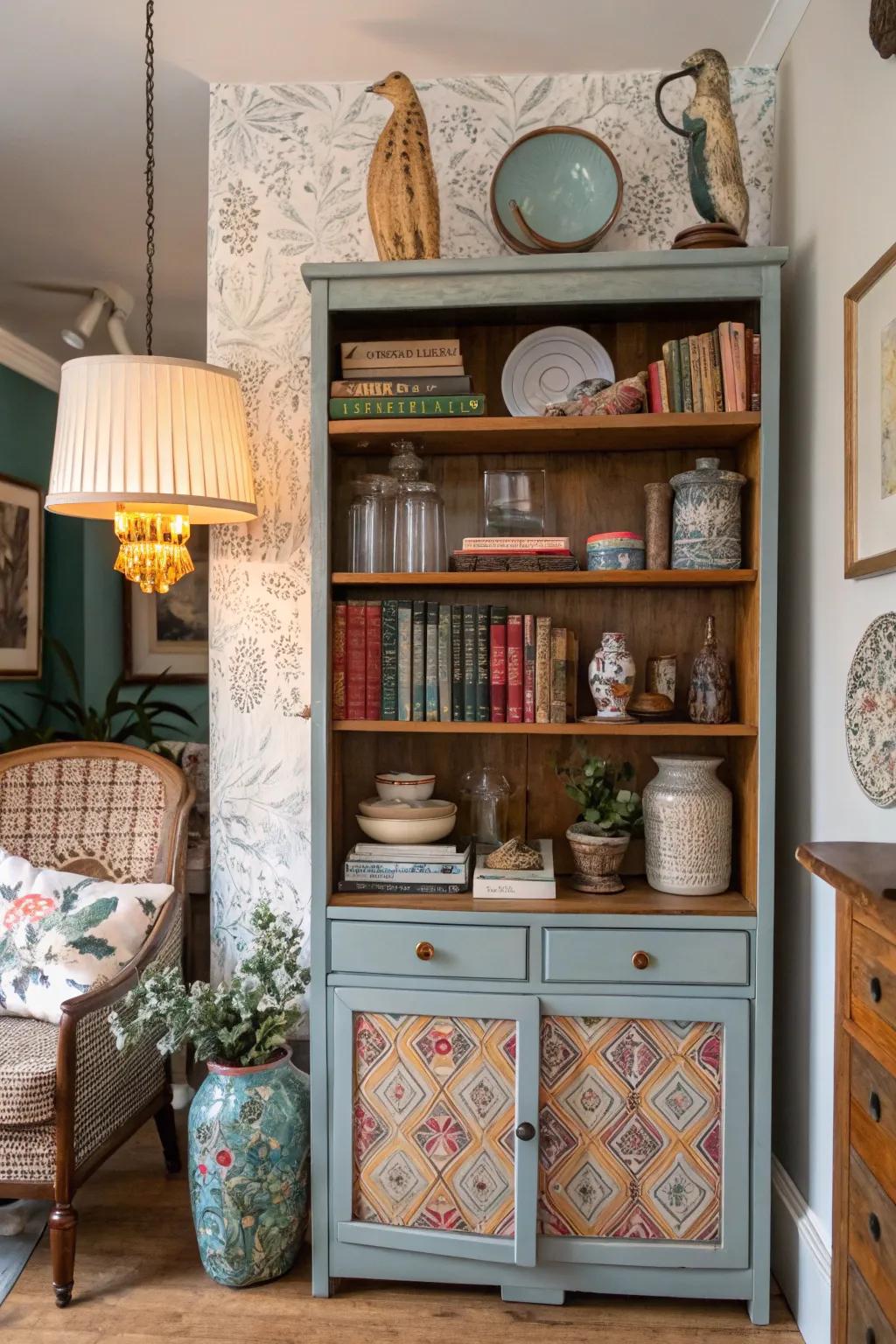 An eclectic hutch blends vintage charm with modern flair.