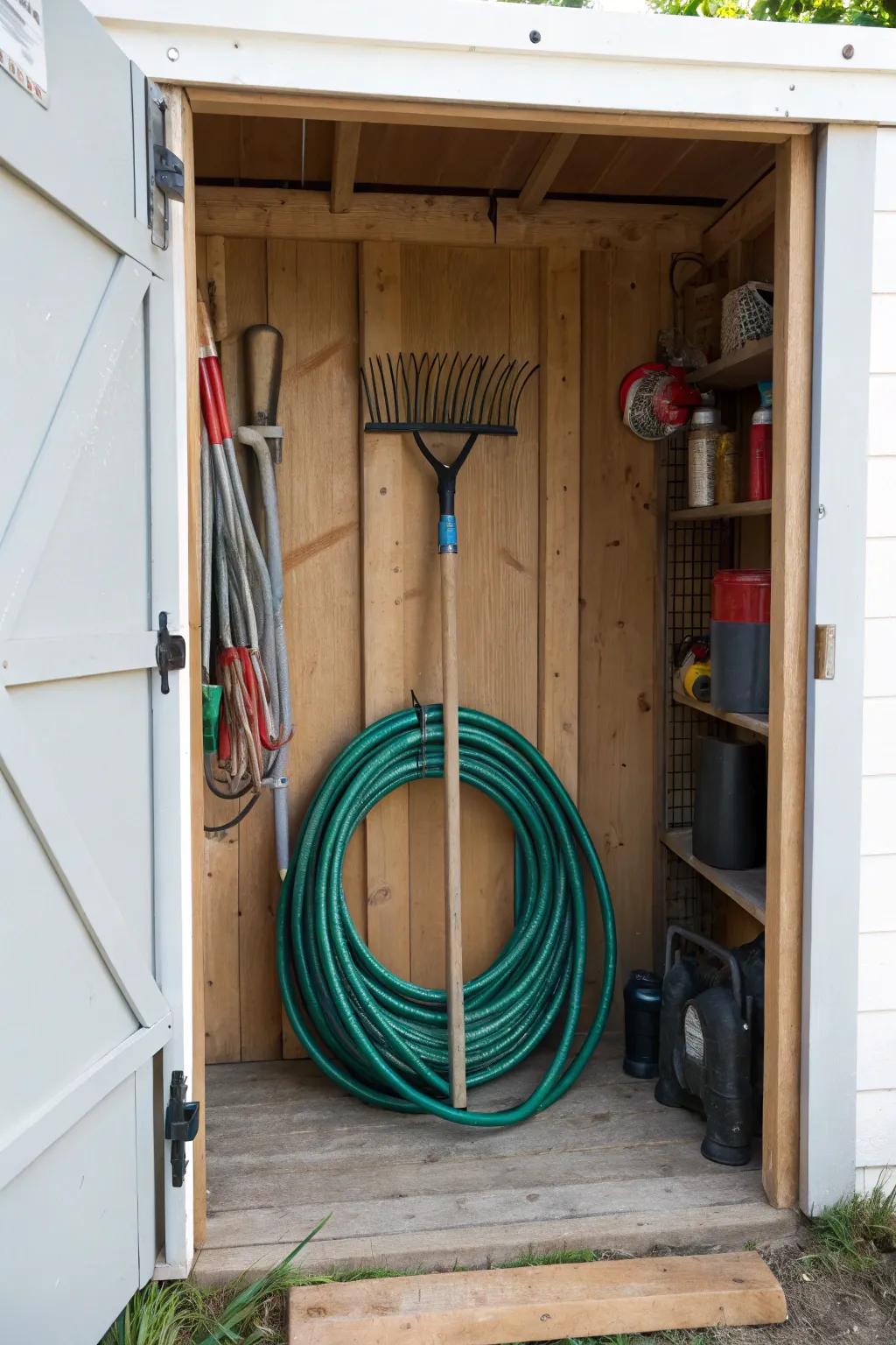 A rake handle doubles as a clever hose organizer.