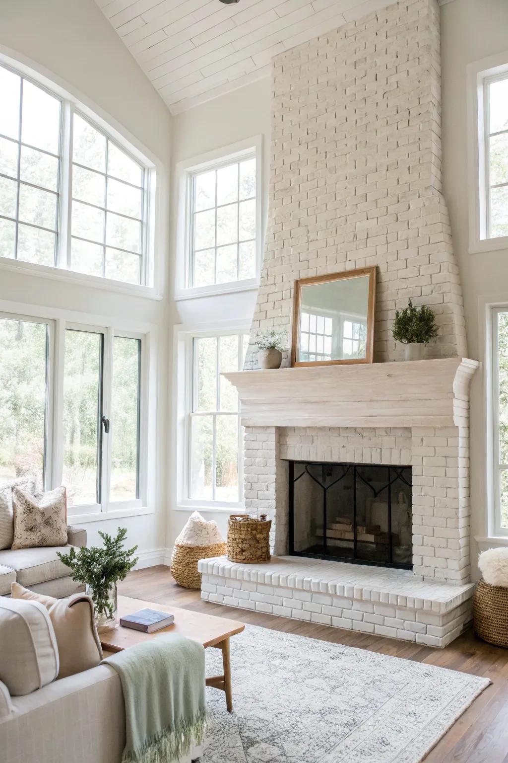 A living room with a whitewashed brick fireplace, exuding brightness and elegance.