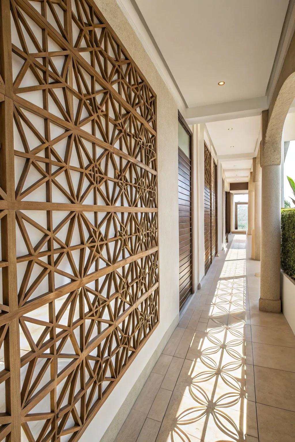 Geometric lattice wall adding a modern touch to the hallway.