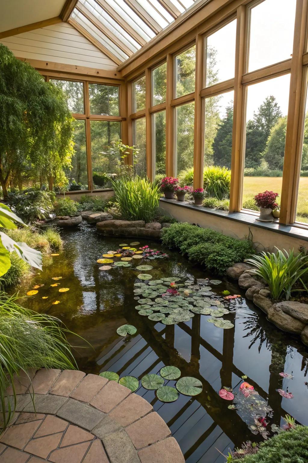 Sunrooms offer the perfect setting for a vibrant indoor pond.