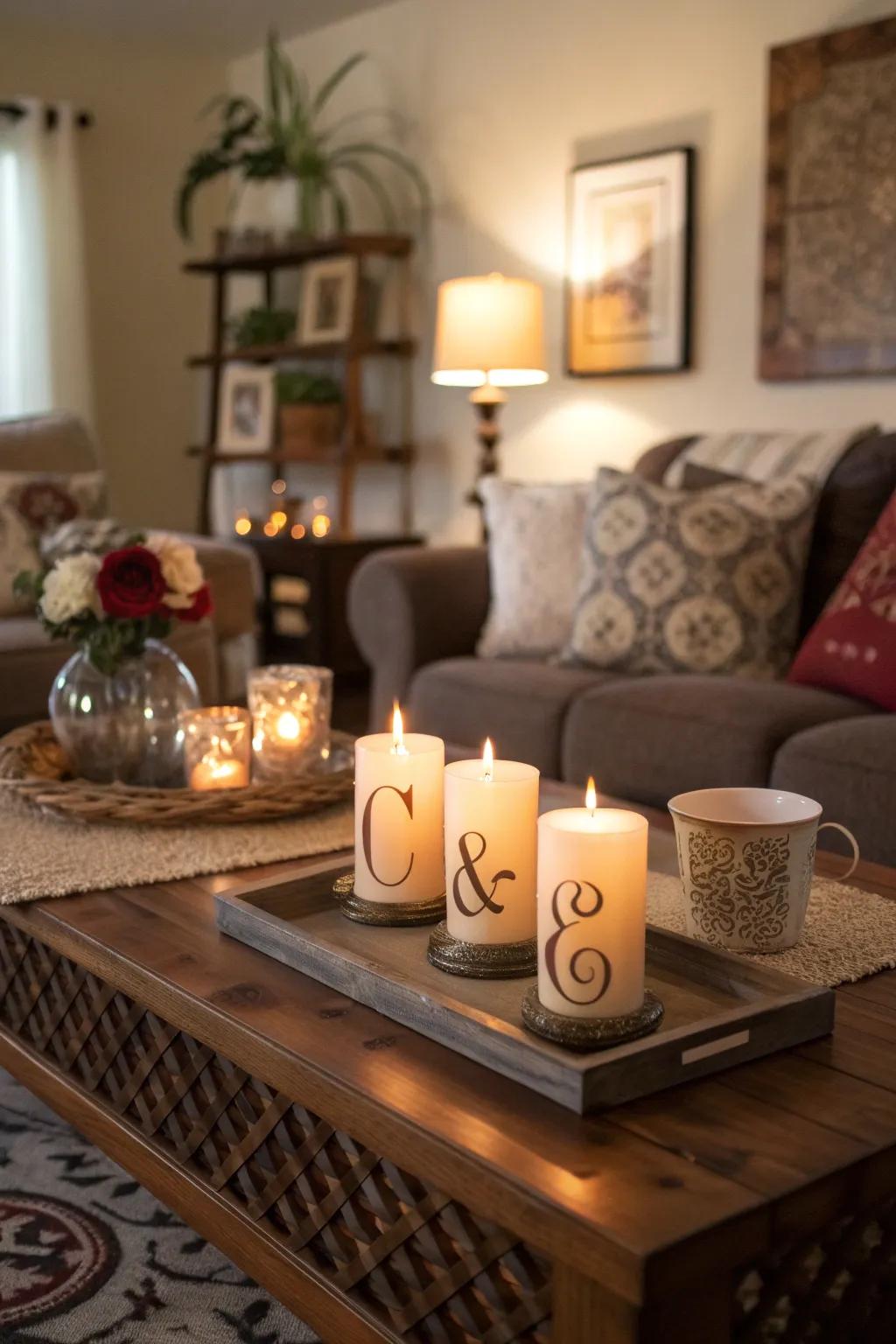 Create a cozy atmosphere with initials candle holders.