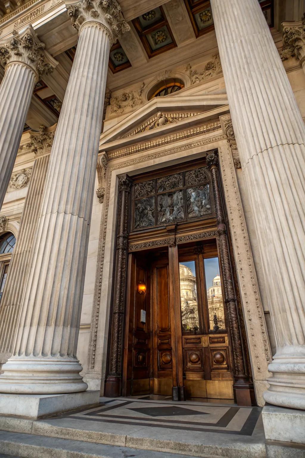 Columns add a grand architectural touch to this inset front door.