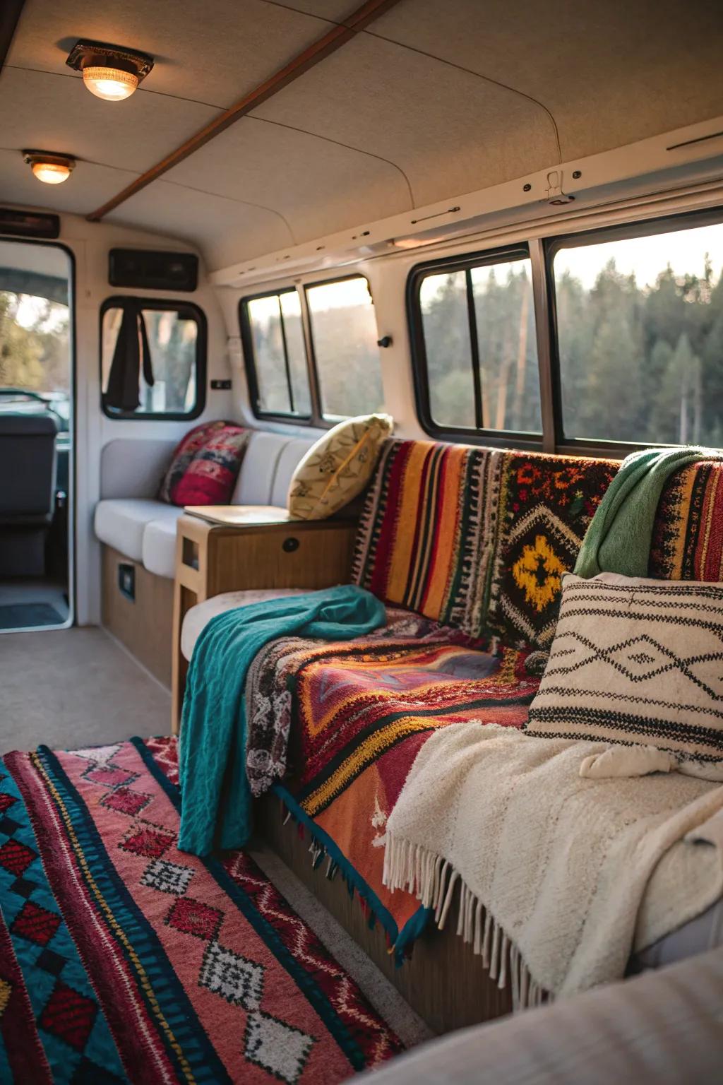 Soft rugs and textiles that bring warmth and style to the camper.