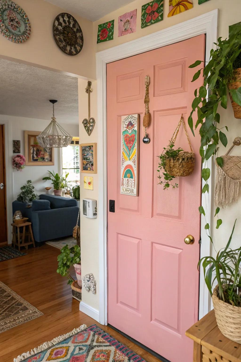 A playful pink door adding charm to the entryway.