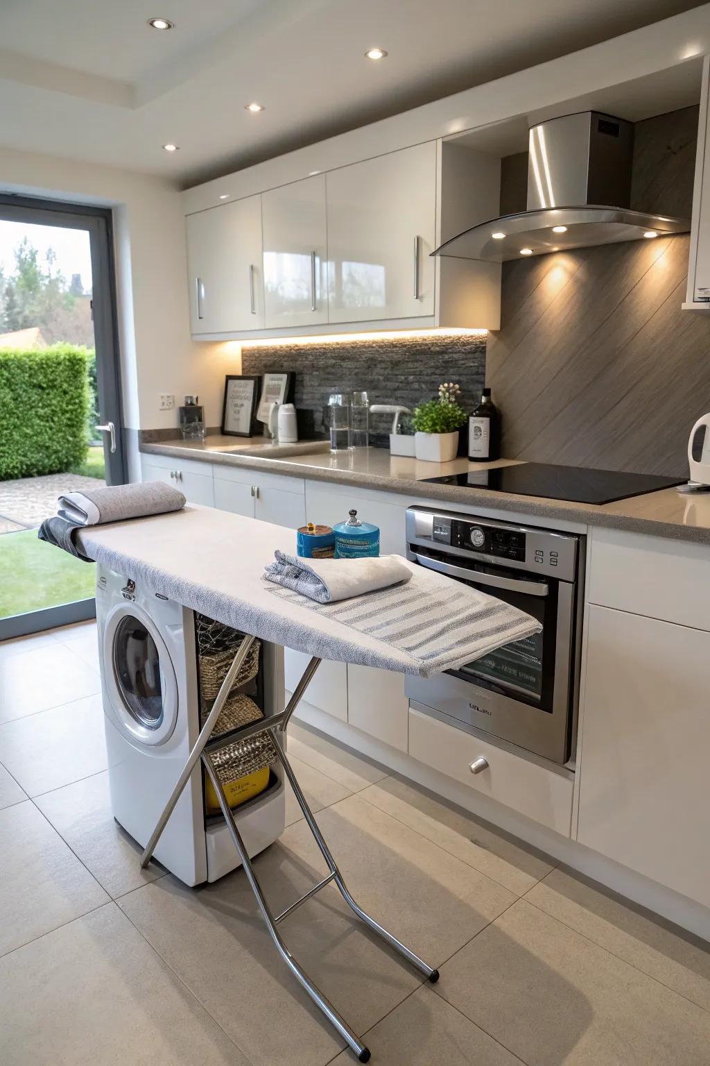 An under-counter ironing board in a contemporary kitchen.