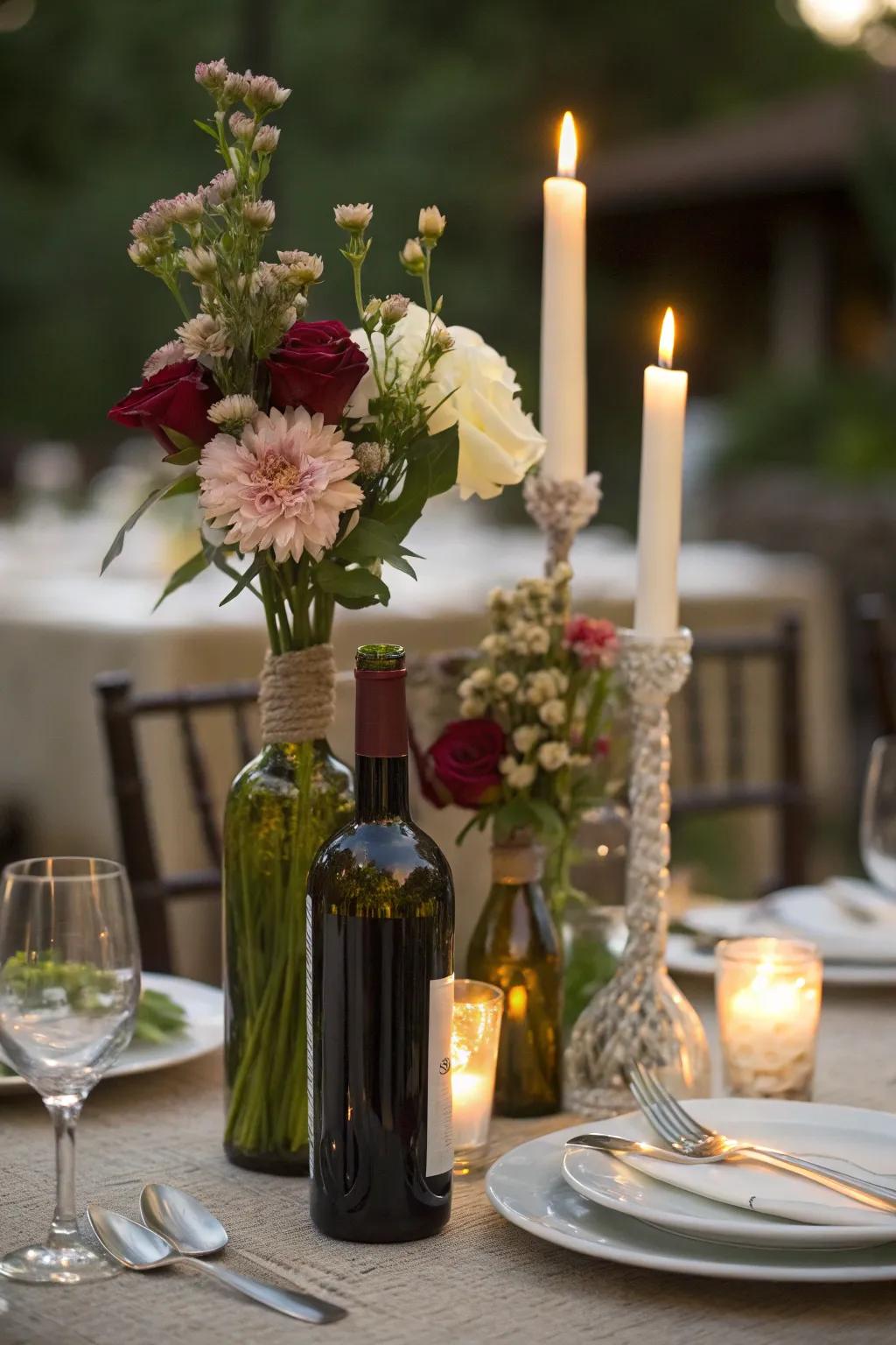 Wine bottles add a rustic and charming detail.