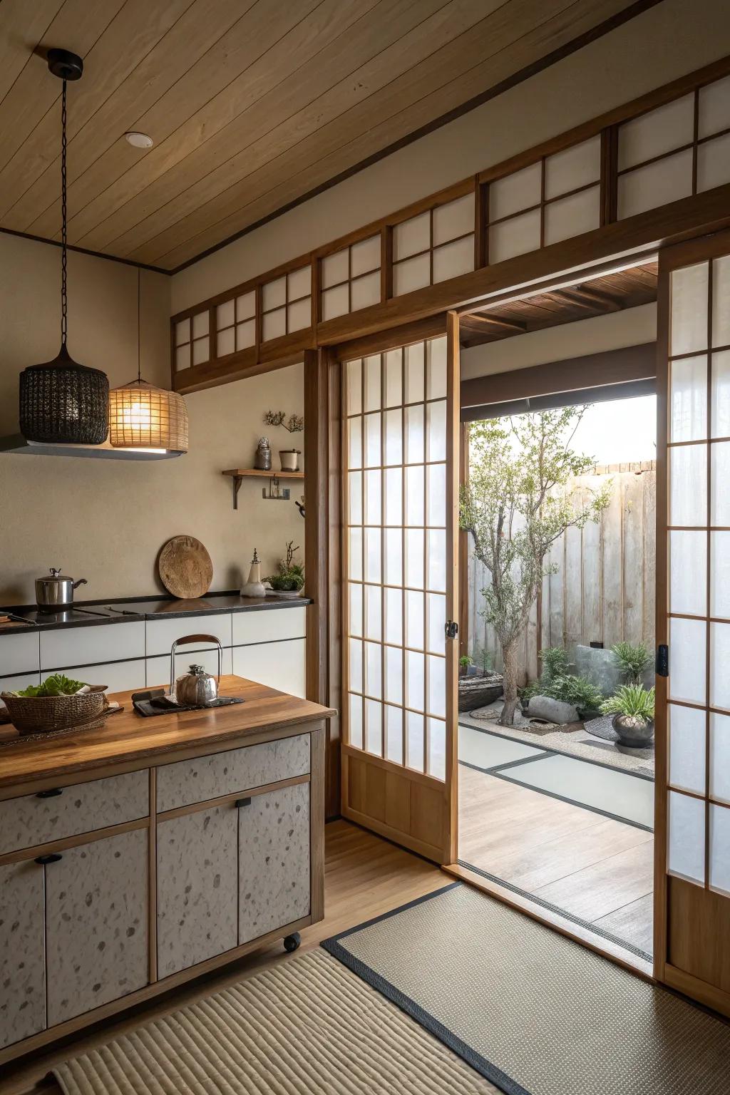 Shoji doors add elegance and functionality to this kitchen.