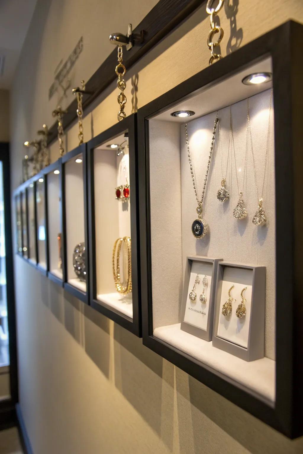 Gallery-style shadow box jewelry display