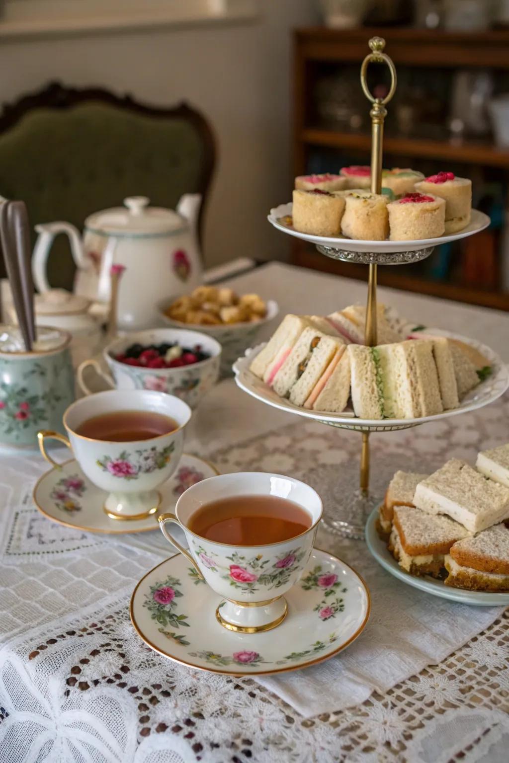 A vintage tea party setup with mismatched china.