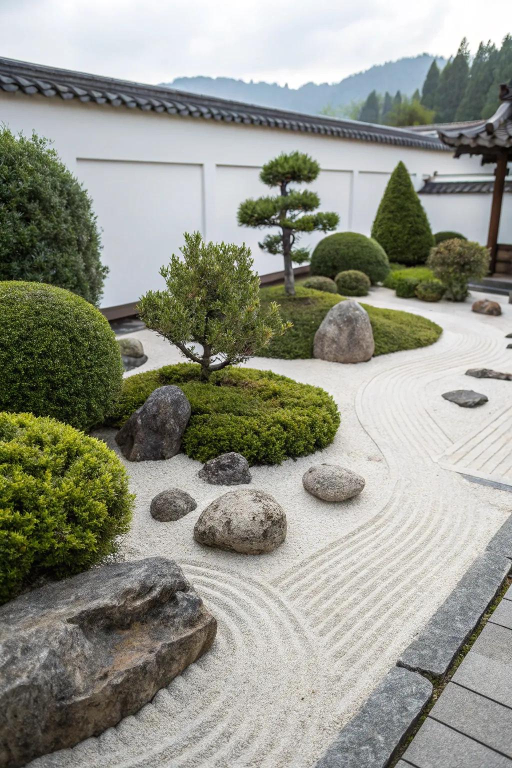 Zen garden with tranquil junipers