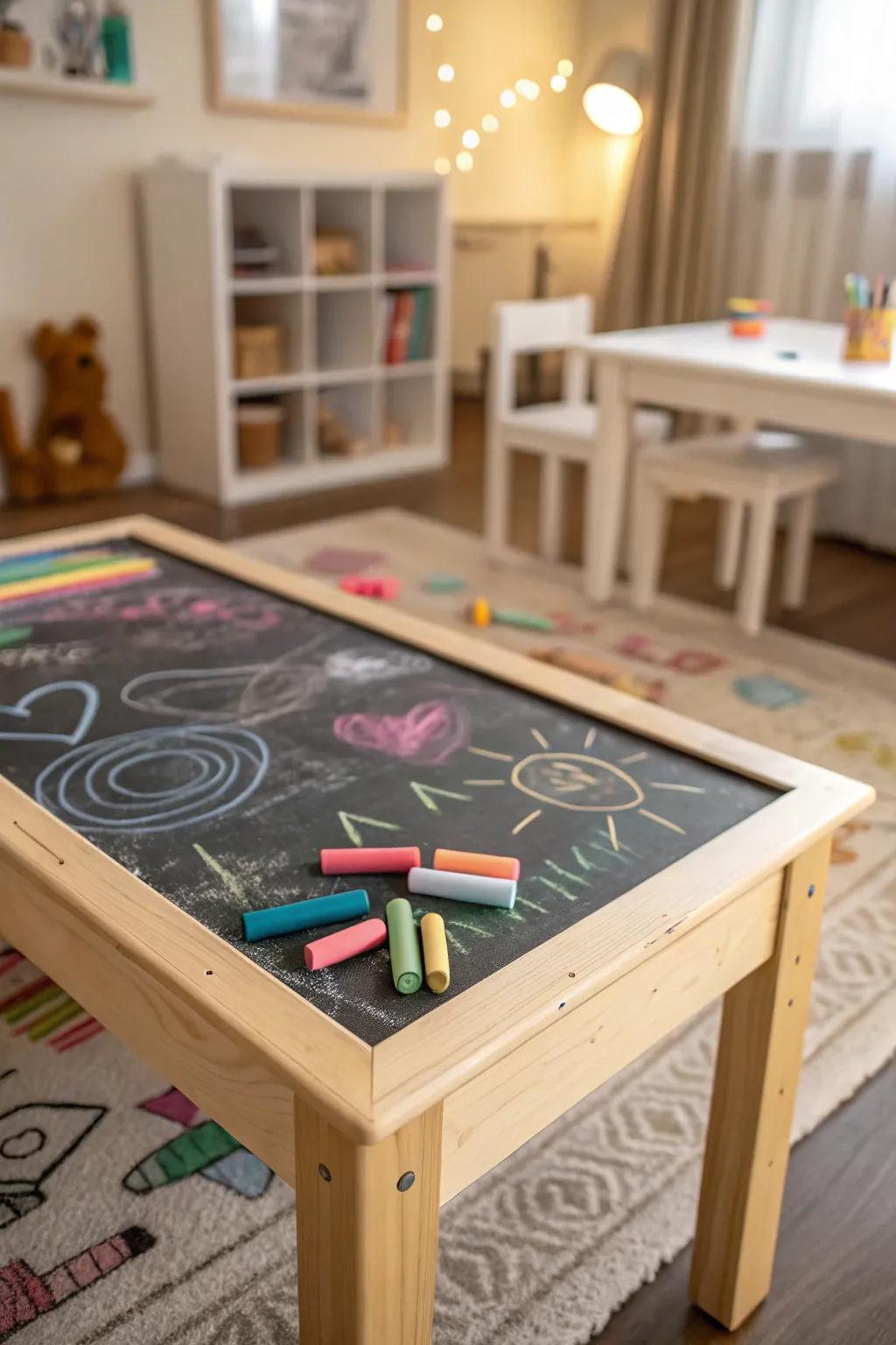 Chalkboard table perfect for endless doodles and games.