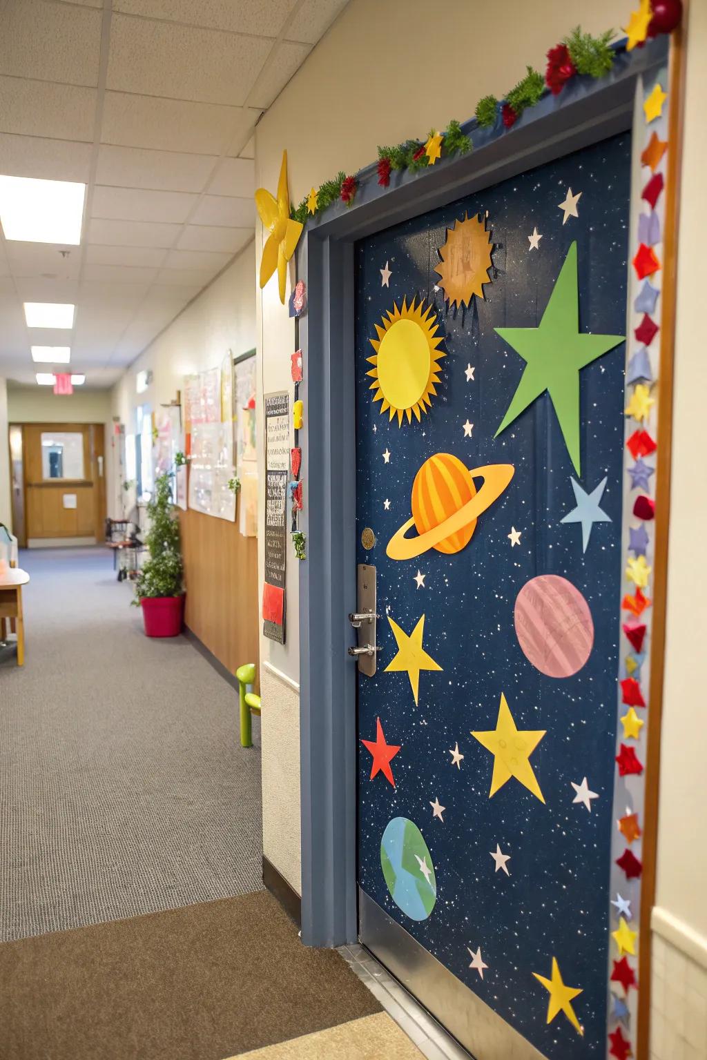 A kindergarten door with a space theme featuring stars and planets.