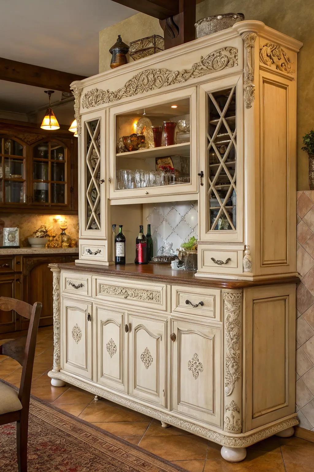 Vintage charm is evident in this bar cabinet's design.