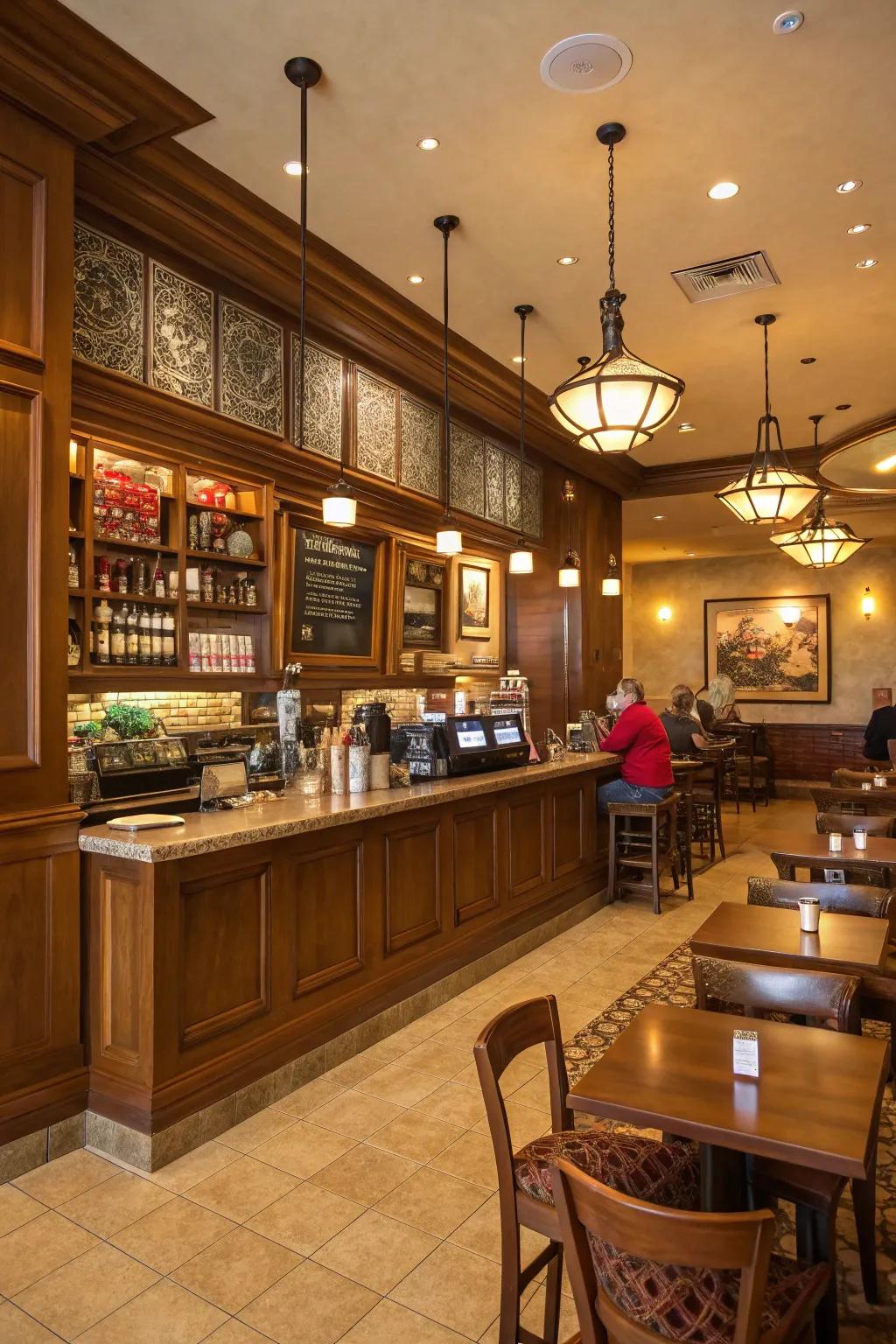 A warm color scheme invites comfort into your coffee bar.