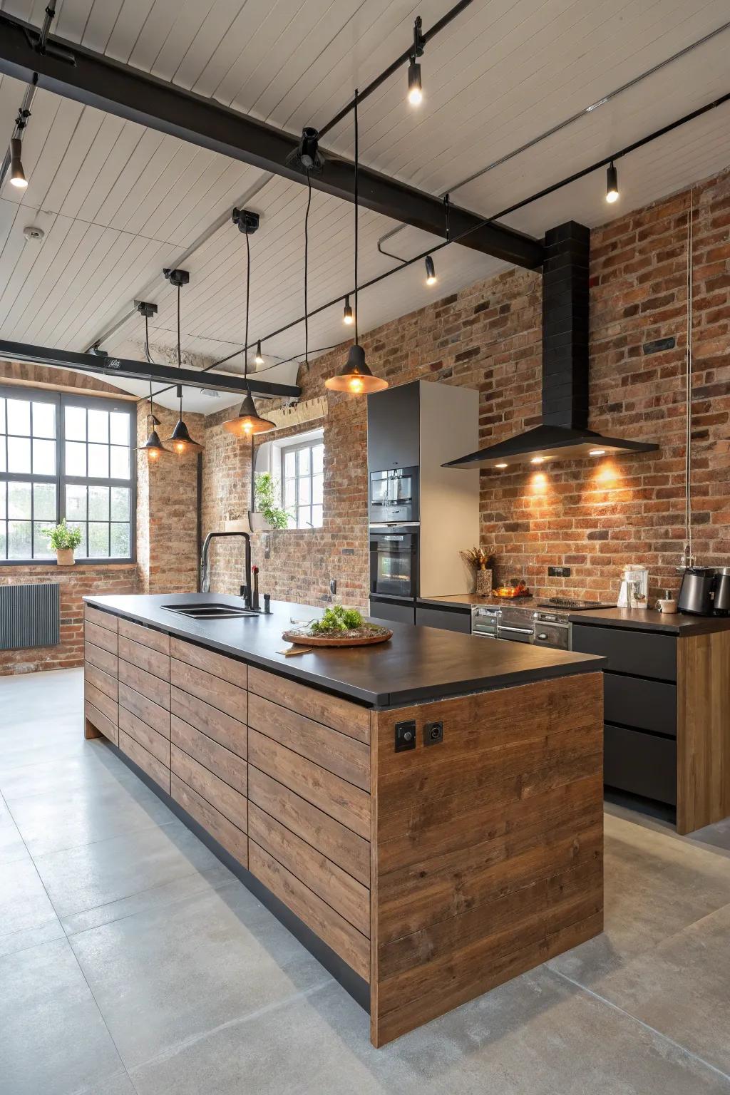 A brick back panel adds a vintage urban touch to this kitchen island, perfect for city-inspired spaces.