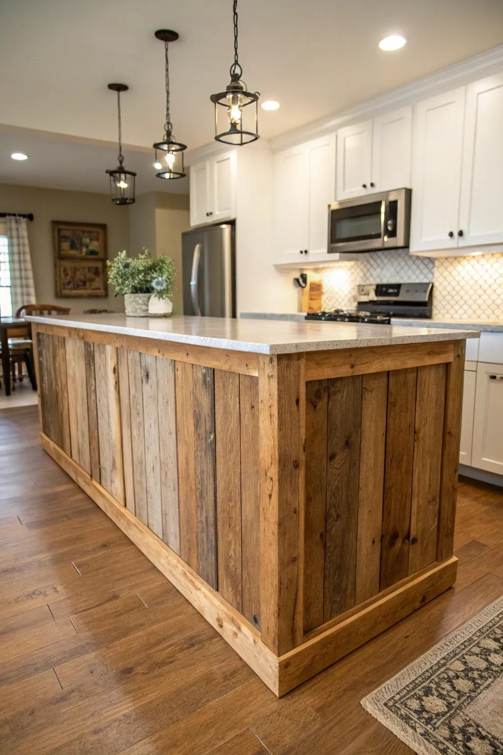 Reclaimed wood adds rustic charm and sustainability to your kitchen island.