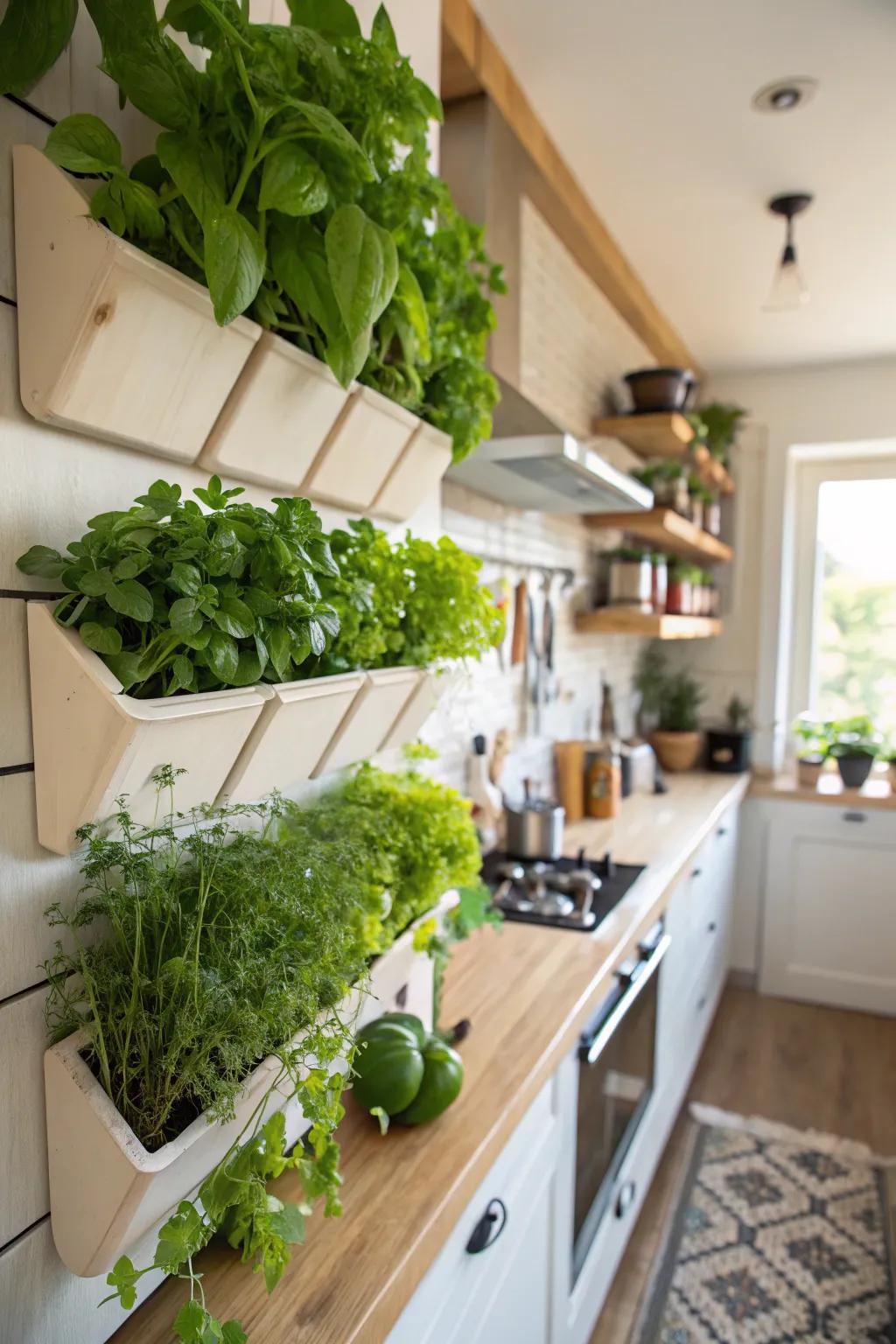 A kitchen featuring wall-mounted planters with fresh greenery.