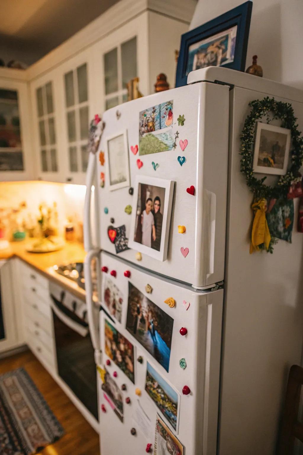 A fridge adorned with magnets and photos, adding a personal and artistic touch to the kitchen.