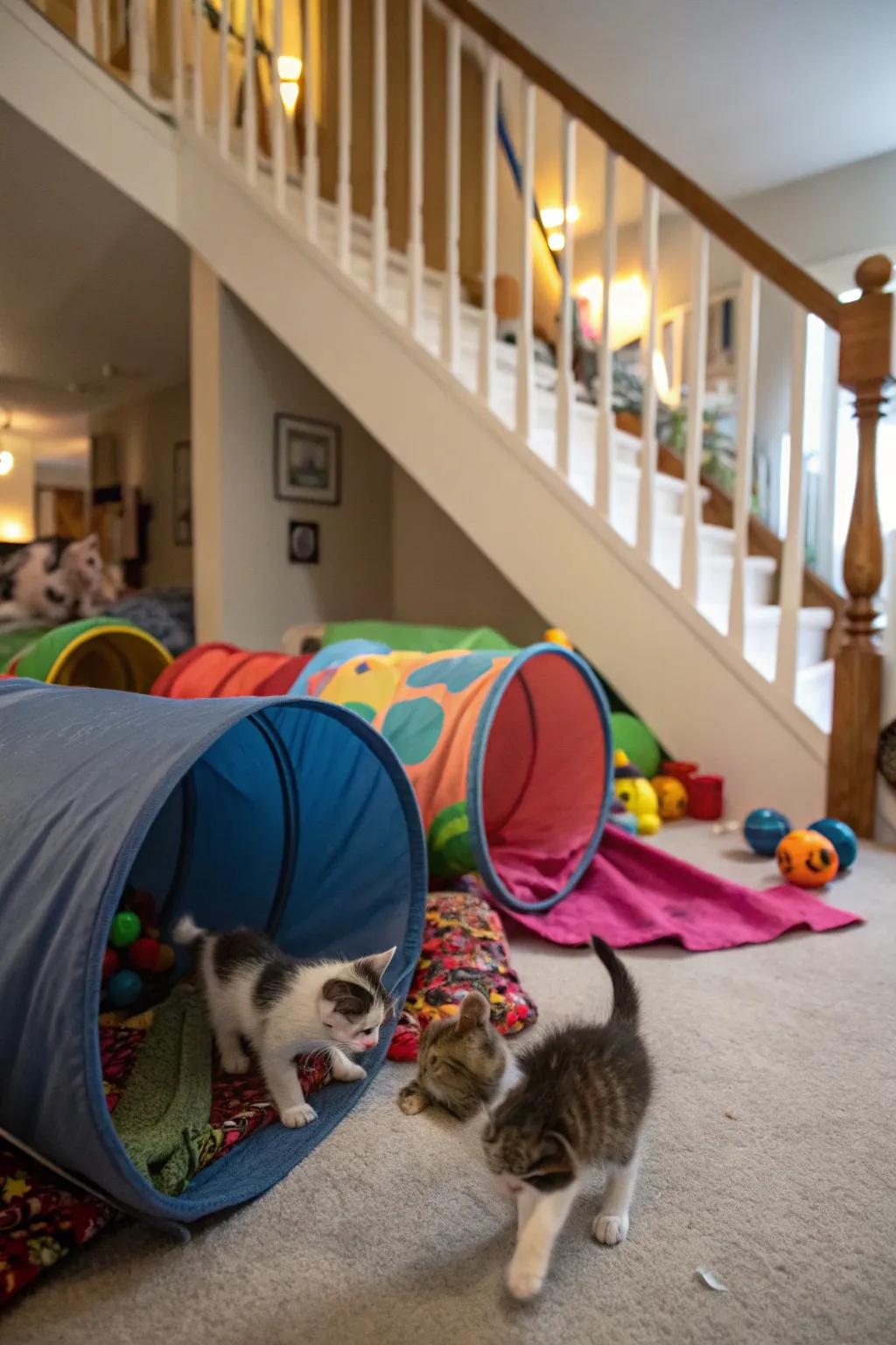 A hidden playground under the stairs, perfect for inquisitive kittens.