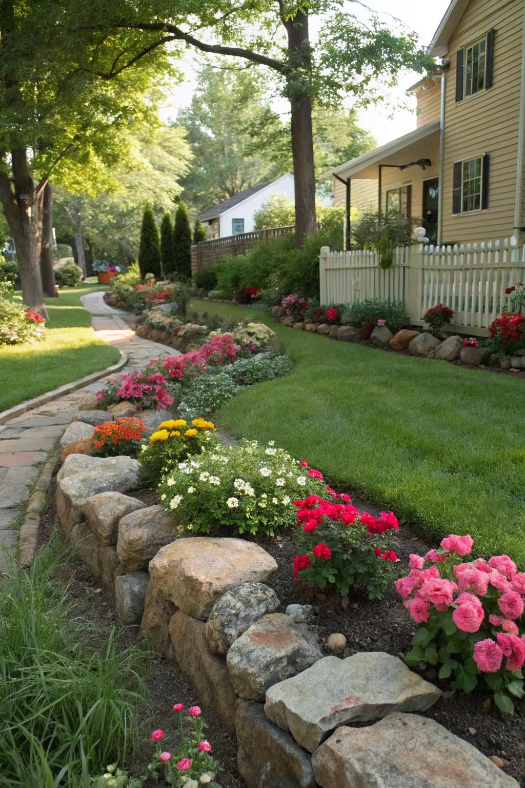 Rock borders add a rustic charm and clearly define flower beds.