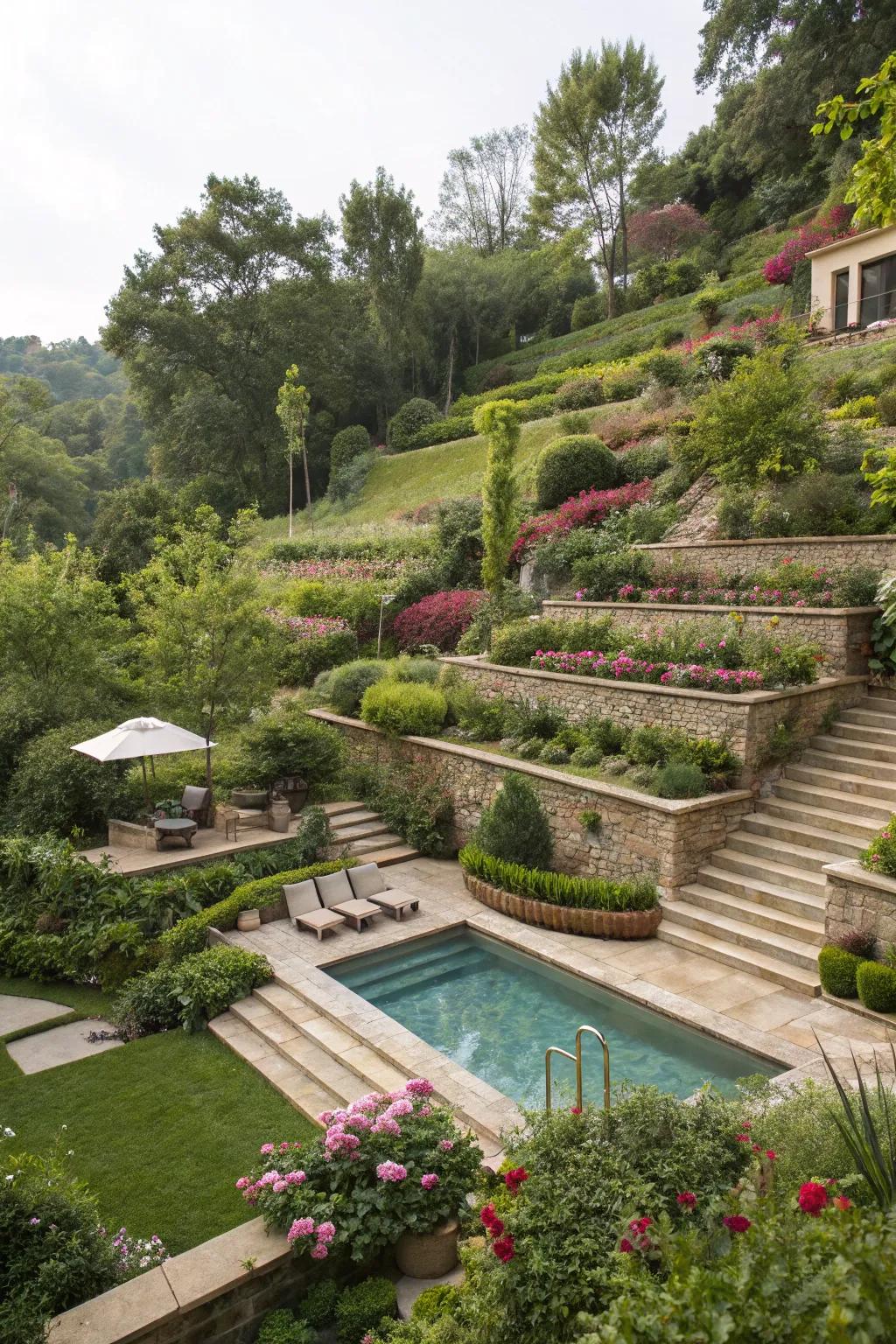 Multi-level landscaping adds depth while discreetly hiding pool equipment.