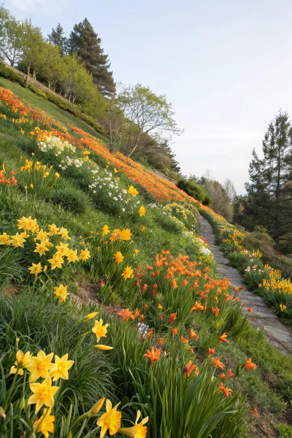 A steep garden slope transformed with daffodils and daylilies, offering vibrant color.