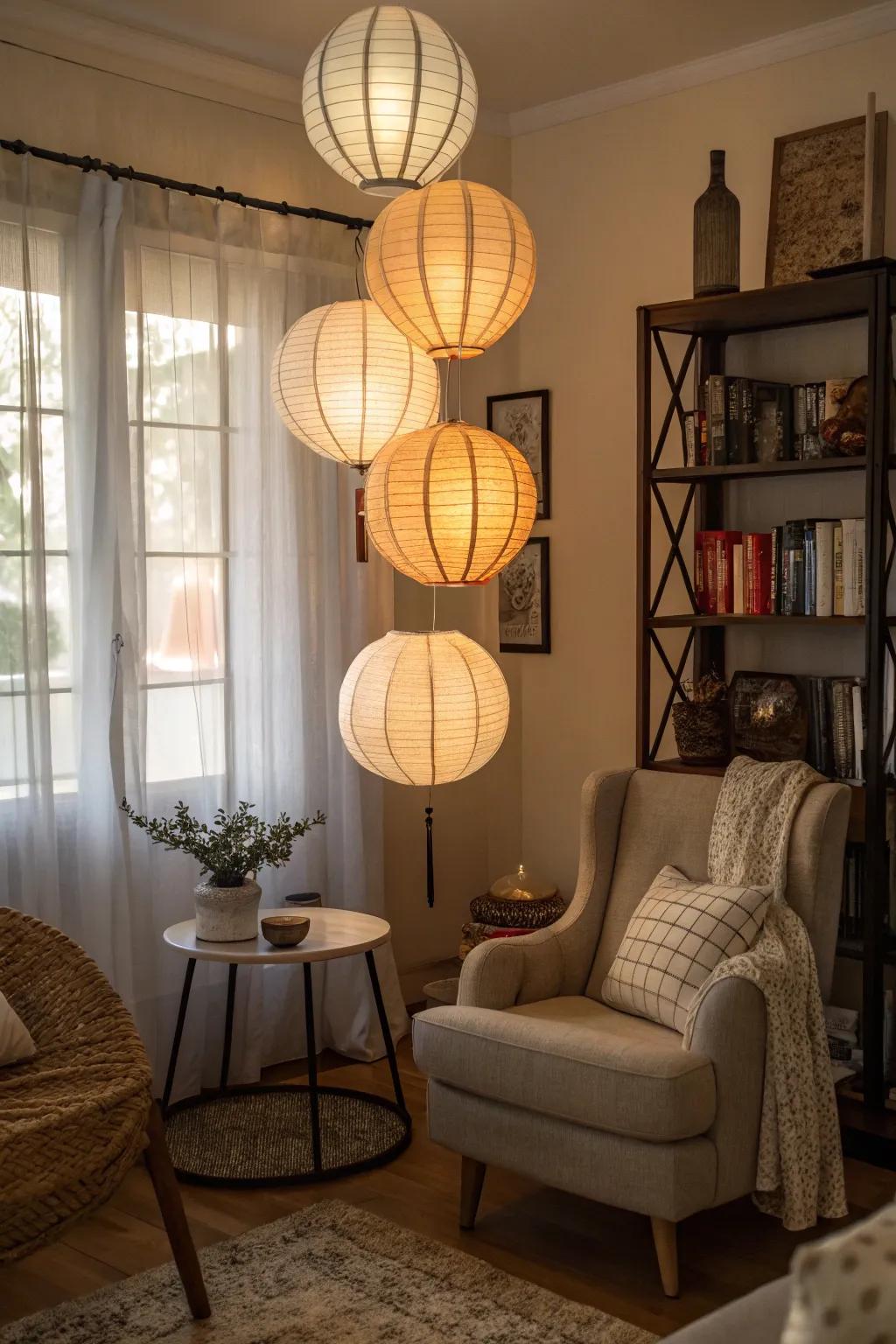 Layered lanterns add depth and warmth to any corner.