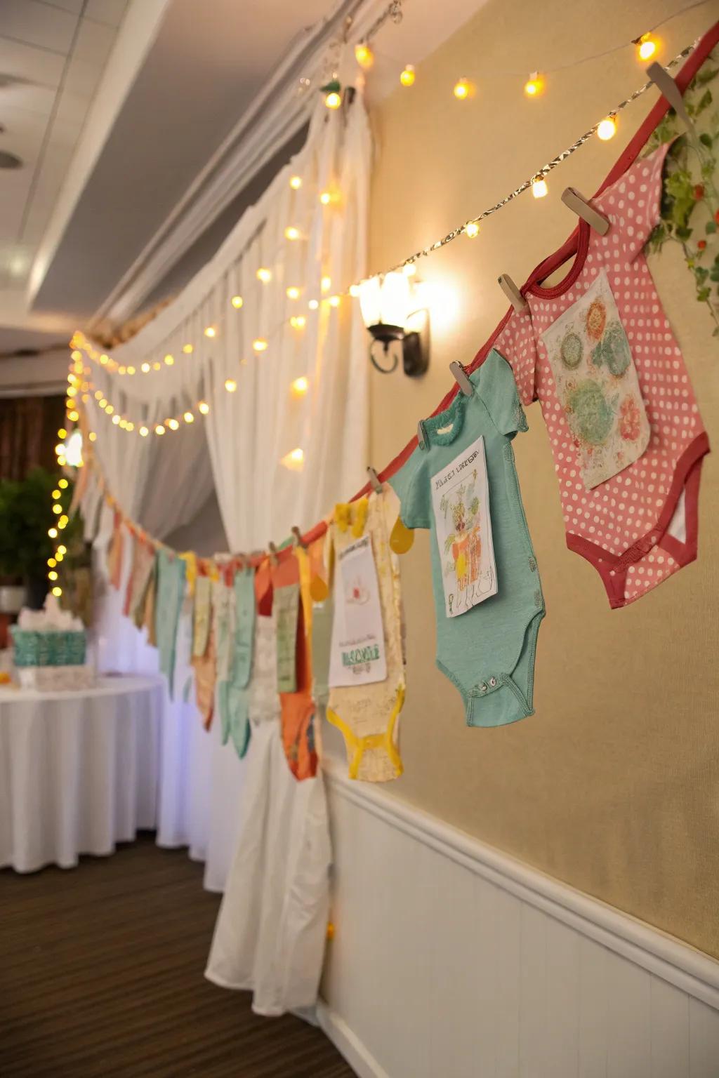 A creative banner made from fabric scraps adds a unique touch.