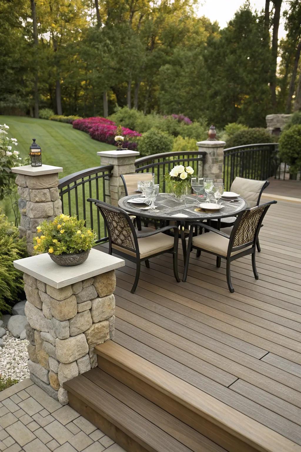 Faux stone panels add luxury and elegance to this outdoor dining area.