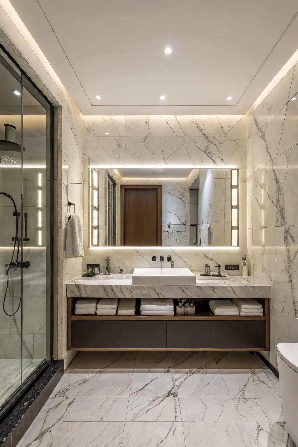 A timeless bathroom design with a marble backdrop and a sleek LED mirror.