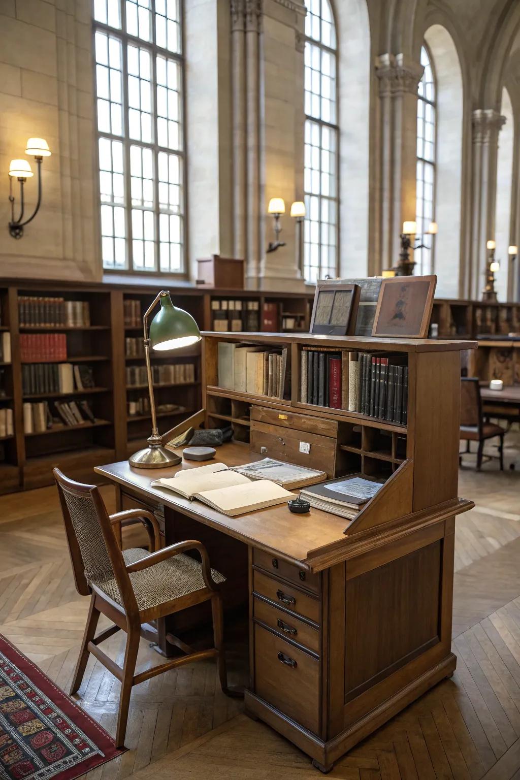 Convertible library furniture like a fold-out desk for adaptable spaces.