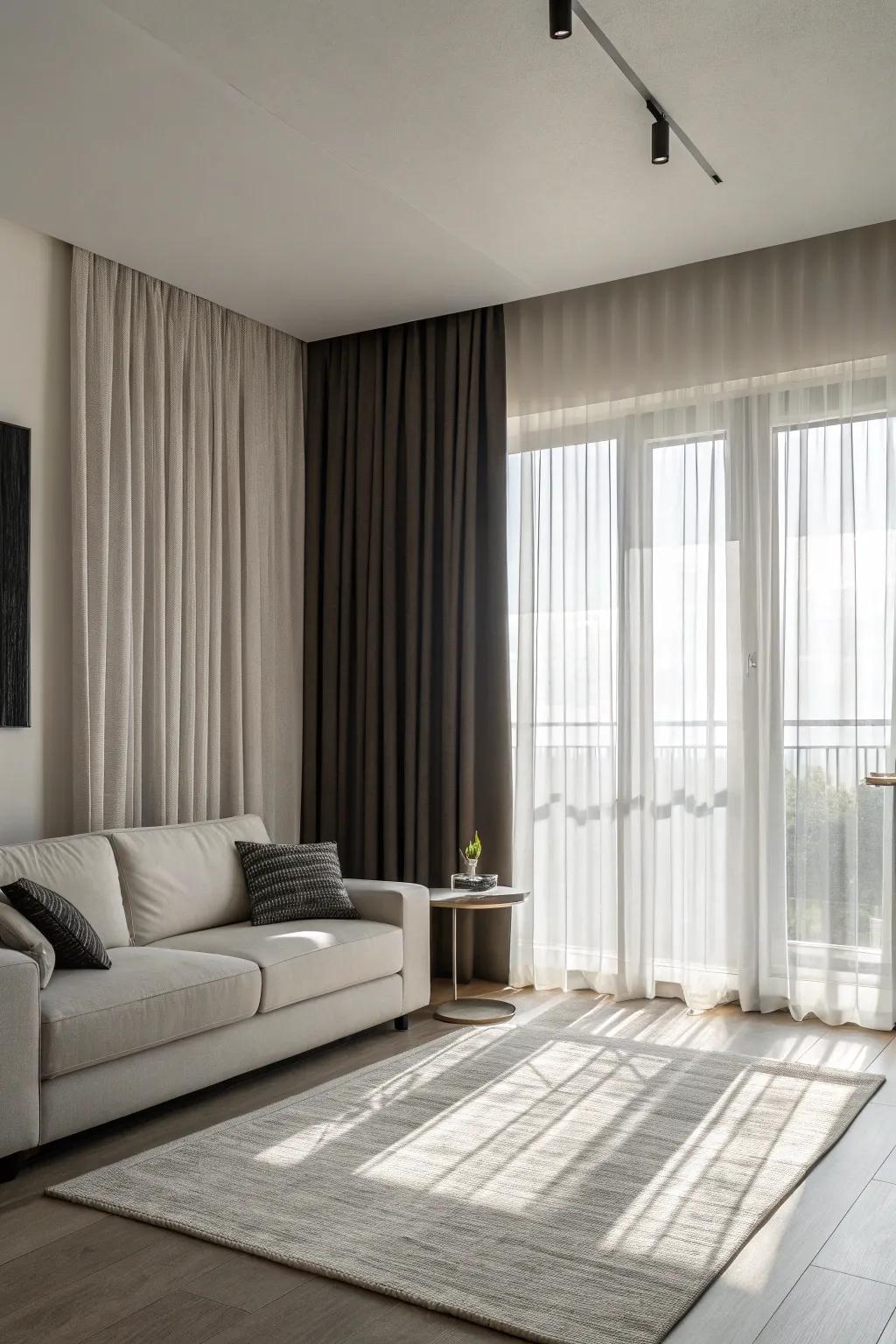 Monochrome curtains offer a minimalist and sleek look.