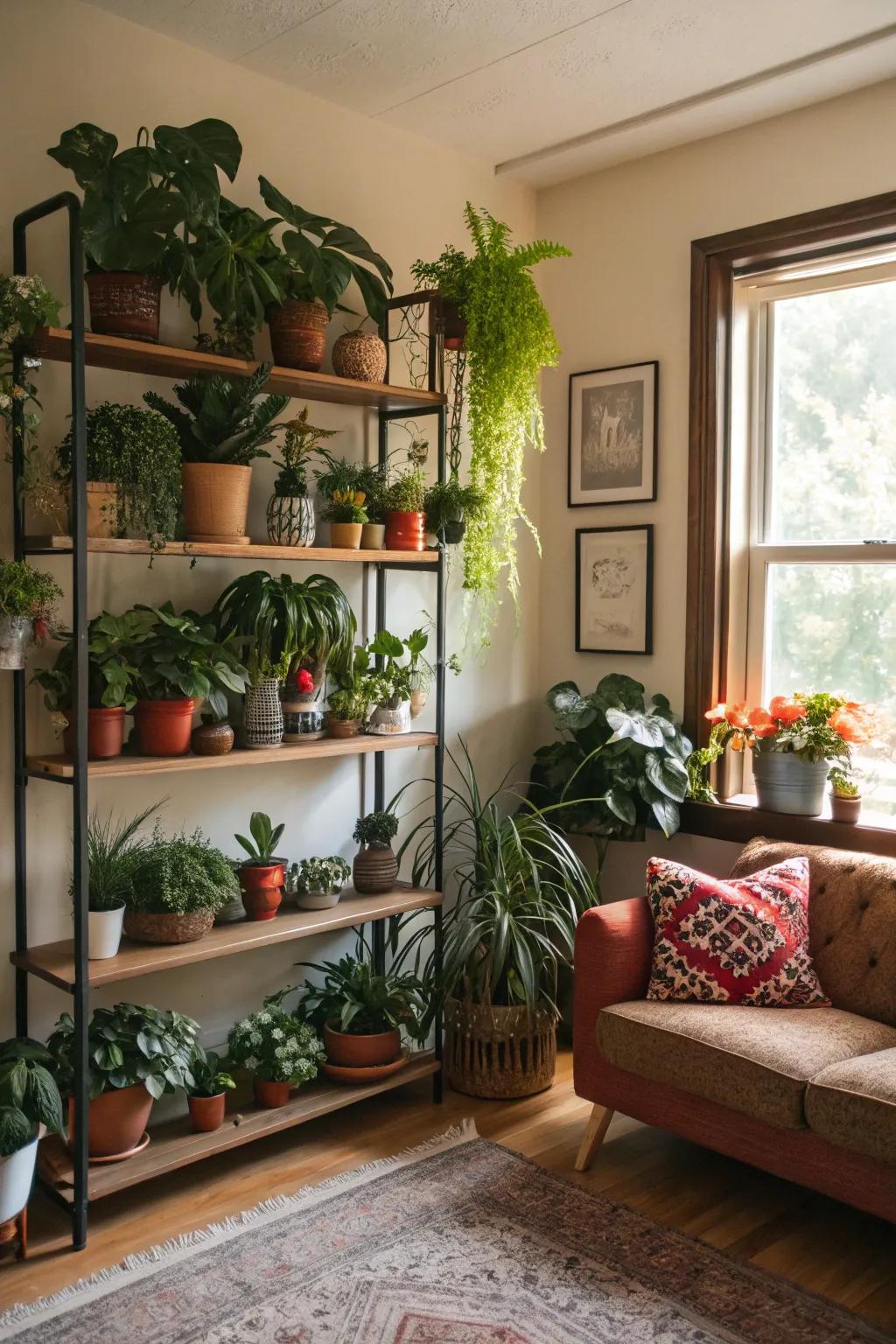 Plants adding a touch of nature to the shelves.