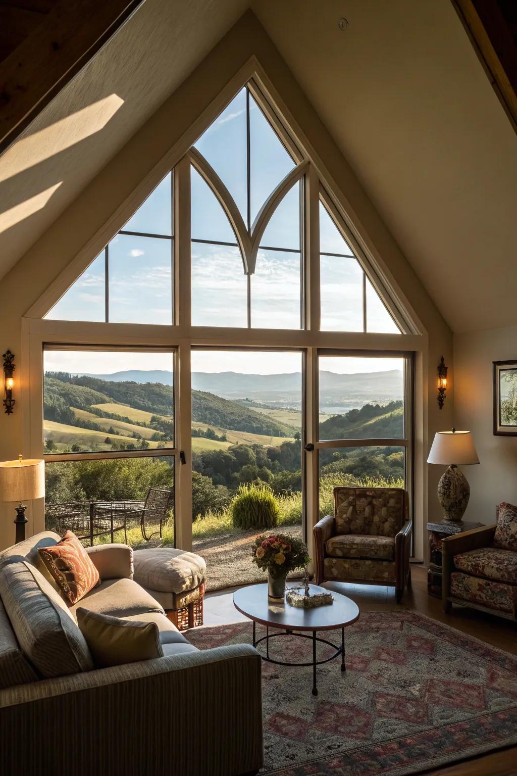 Architectural window shapes adding artistic flair to the living room.