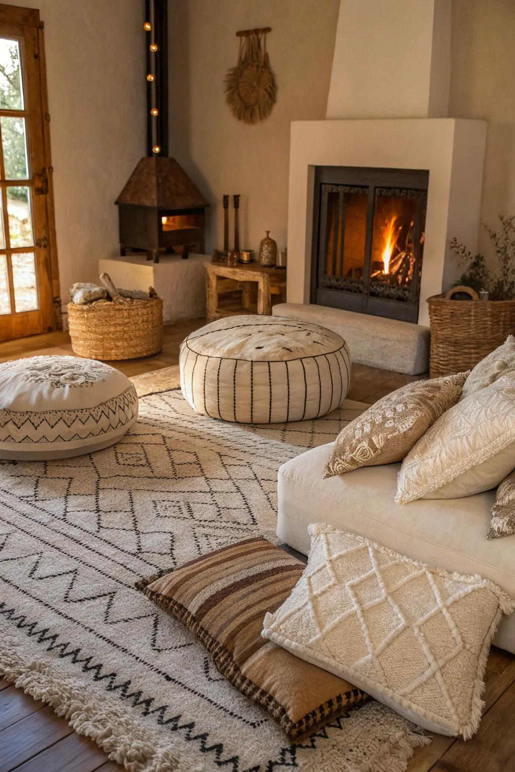 A living room enriched with textured rugs and pillows around the fireplace.