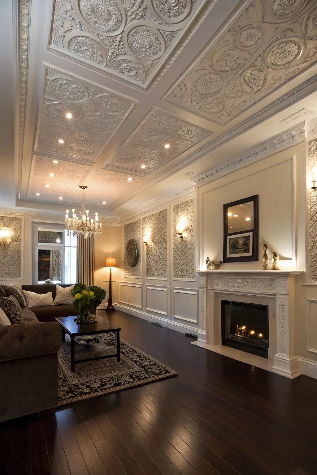 Ceiling and wall details add complexity to spaces with dark wood floors.