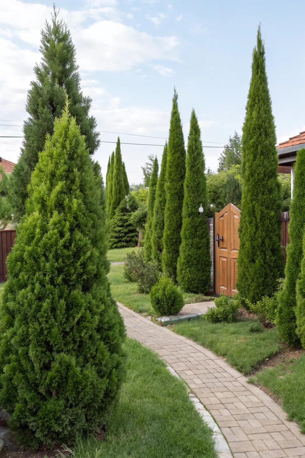 Evergreen plants offering year-round greenery in a front yard.