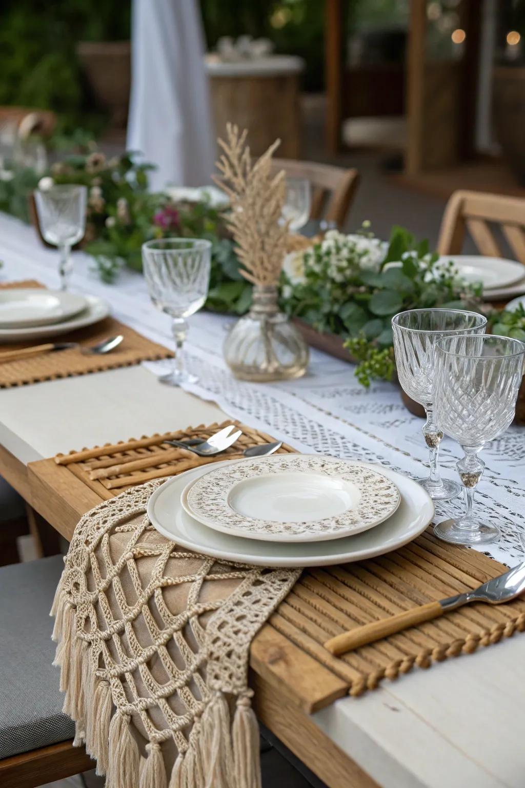 A macrame table runner adding rustic elegance to dining.