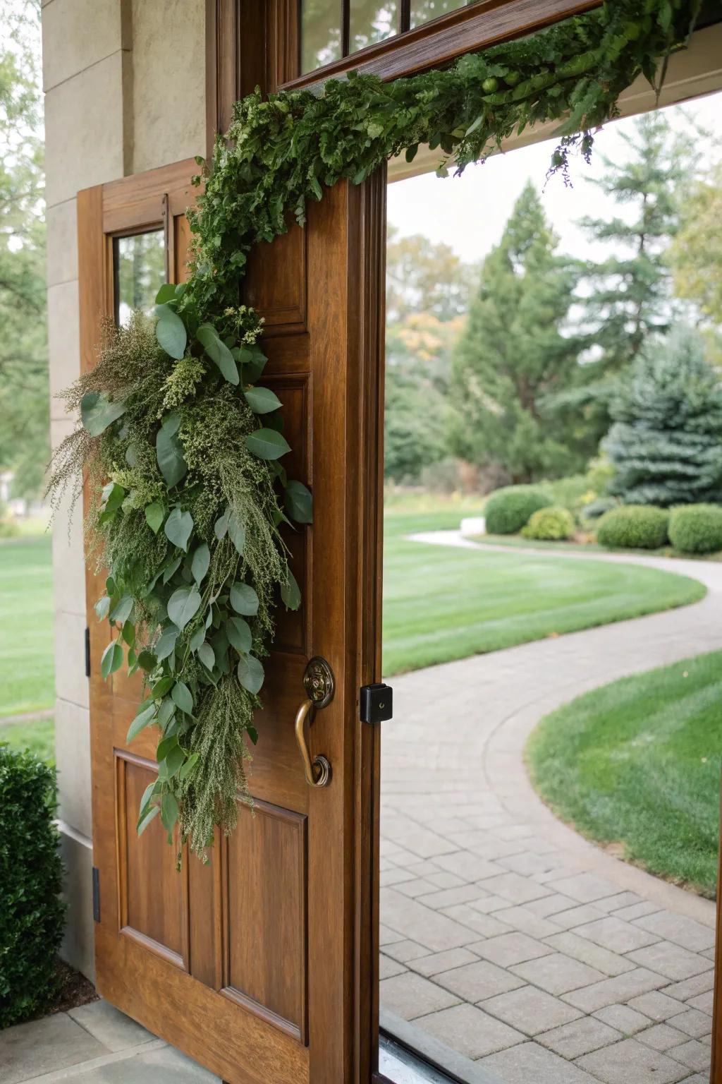 Greenery swag adds a fresh and natural element to your doorway.