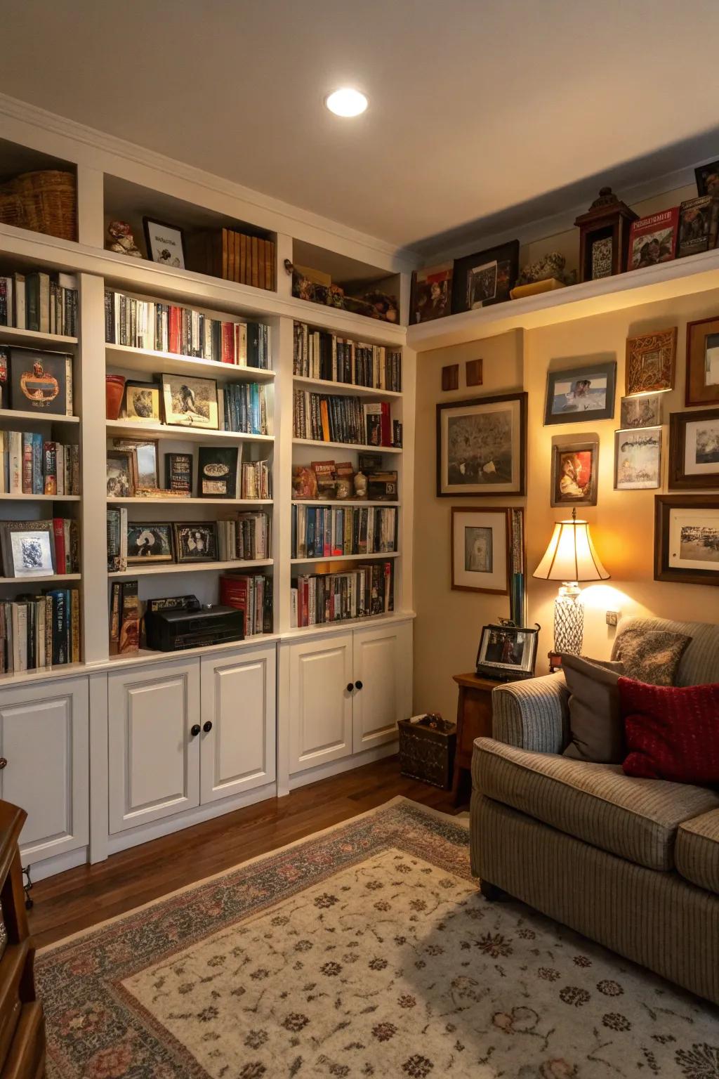 Bookshelves provide both storage and style in the den.