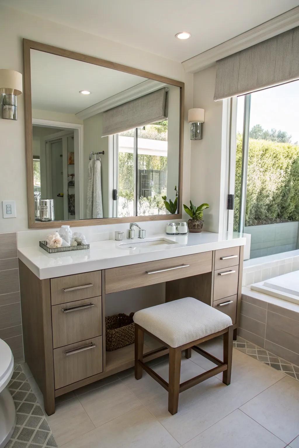 A bathroom featuring integrated seating at the vanity area.