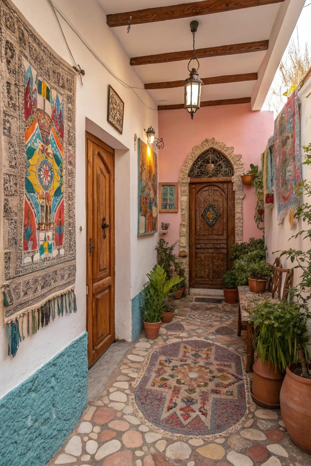 Vibrant artwork in a Mediterranean entryway adds cultural depth and visual interest.