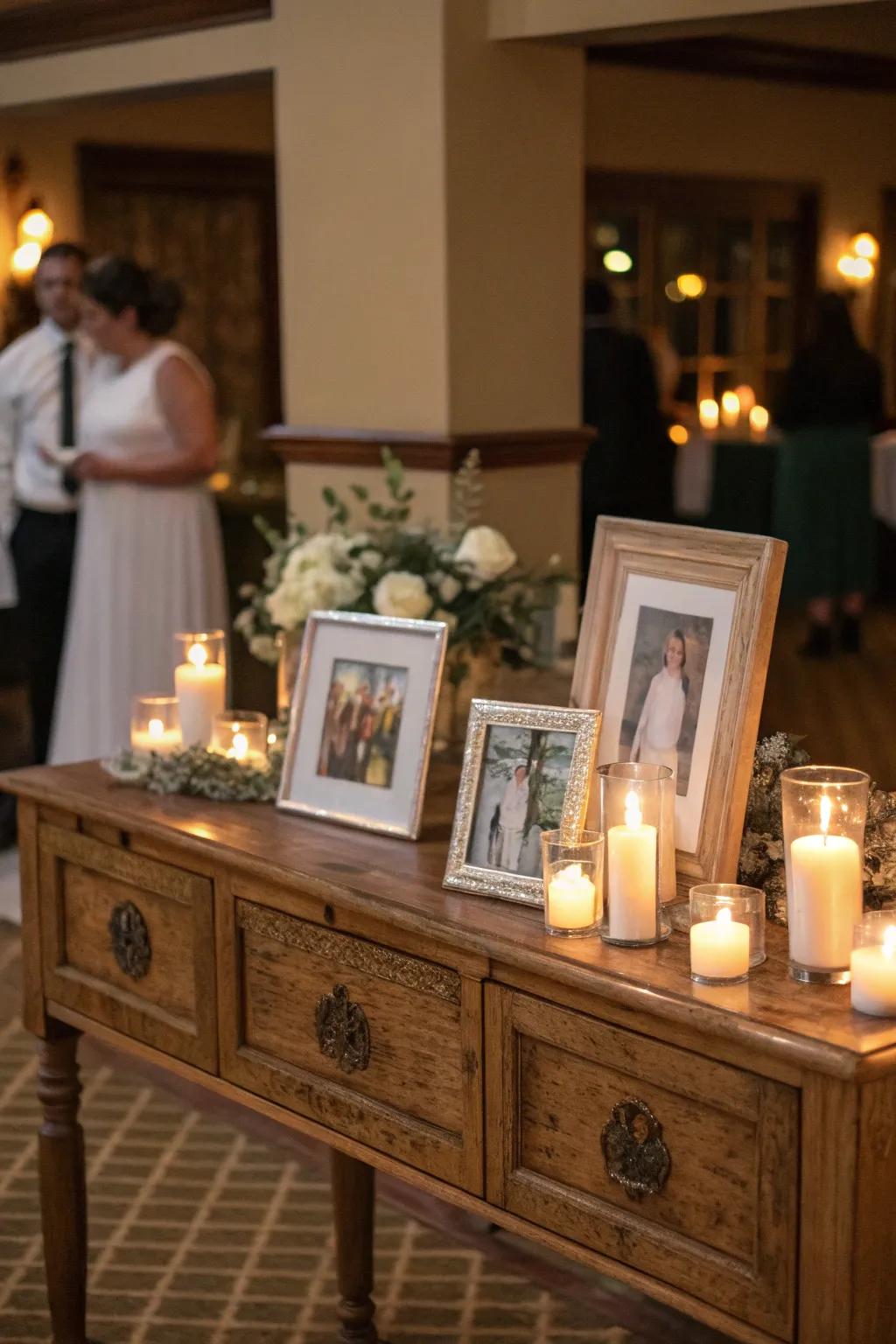 An heirloom table adds history and depth to the display.