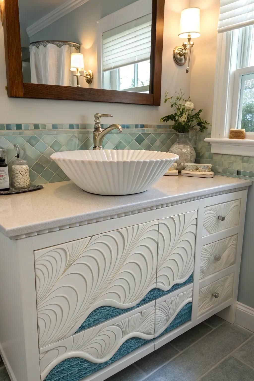 A shell-inspired sink adds a unique charm to the bathroom.