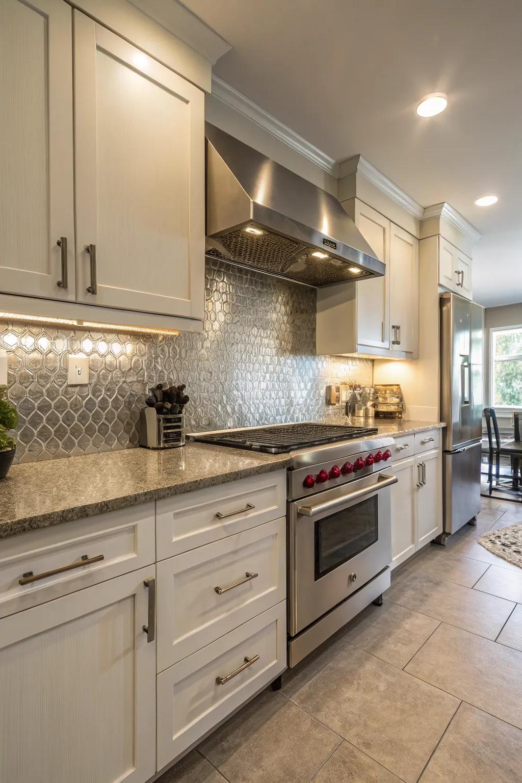 A functional kitchen featuring an easy-to-clean metal backsplash.