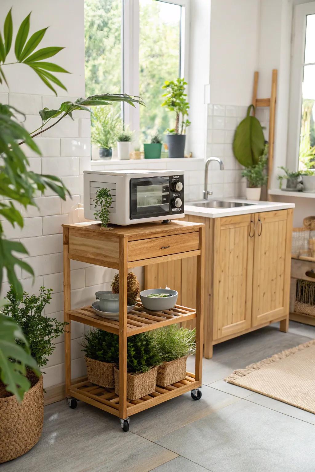 Embrace sustainability with a bamboo microwave cart.