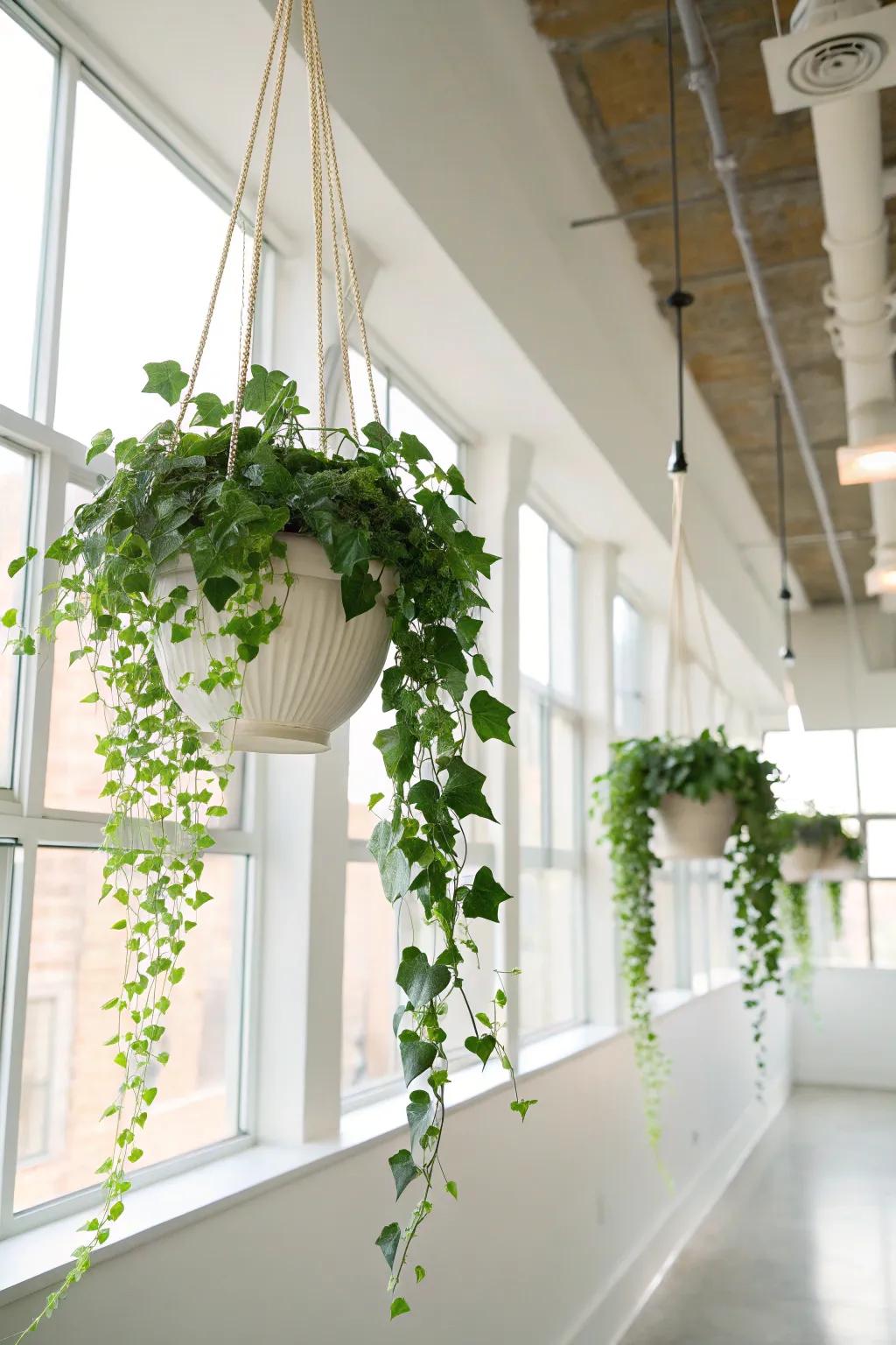 Elegant hanging planters with trailing ivy in a modern studio setting.